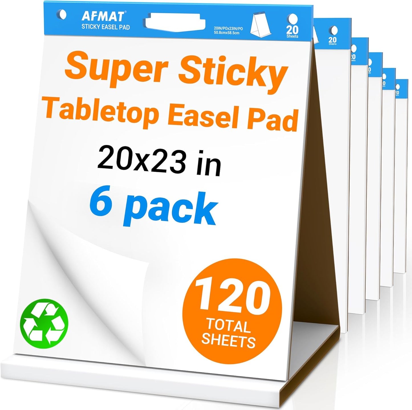 AFMAT Tabletop Sticky Easel Pad, 20 x 23 in Portable Easel Stands for Teachers, Super Sticky & Bleed-Resistant, Self-Stick Easel Paper for Office/Classroom/Training/Presentation, 20 Sheets/Pad, 6 Pads,Model:AFTP26BL
