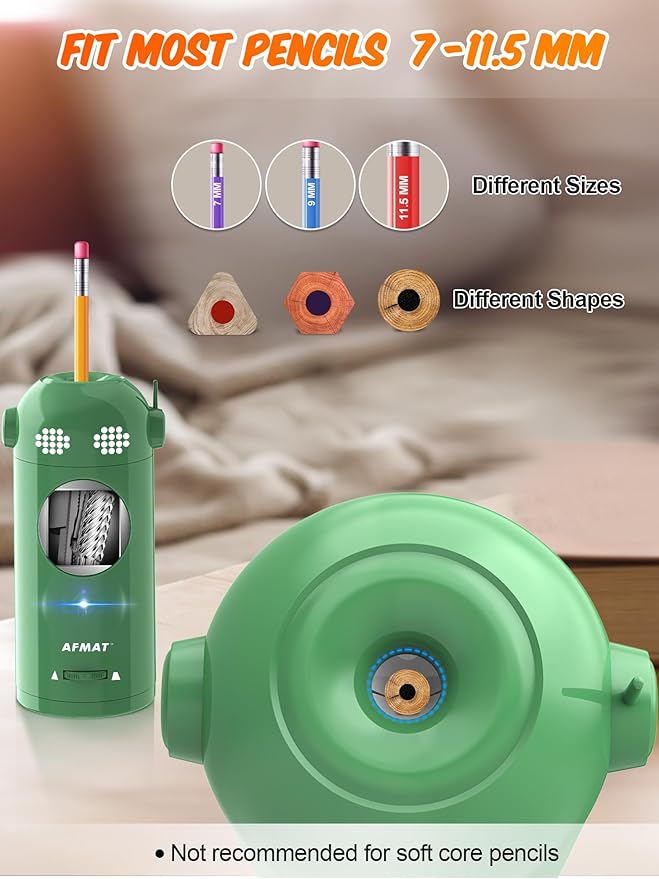 AFMAT PSX5EW Electric Pencil Sharpener Fully Automatic, Robot Pencil Sharpener for 7-11.5mm Pencils,Blue