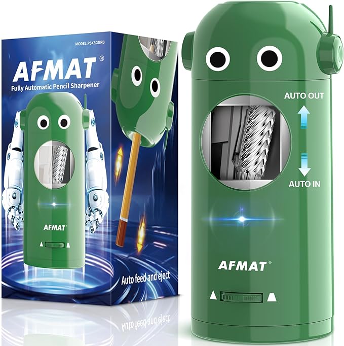 Disponible en España:AFMAT Sacapuntas eléctrico completamente automático con recipiente, sacapuntas eléctrico para lápices de 7 – 11,5 mm, portátil y seguro, sacapuntas eléctrico recargable para casa, oficina, escuela,Modelo:PSX5(Negro)
