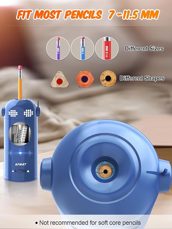 AFMAT PSX5EW Electric Pencil Sharpener Fully Automatic, Robot Pencil Sharpener for 7-11.5mm Pencils,Blue