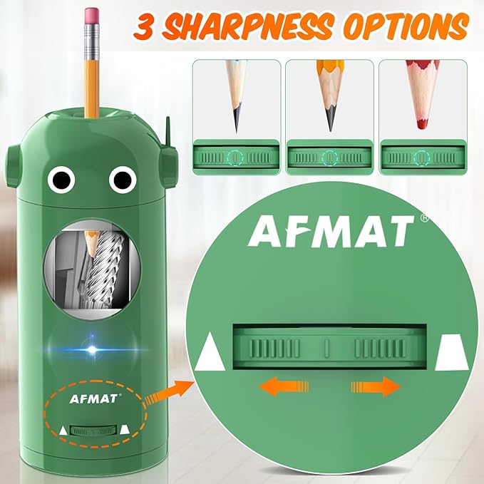 Disponible en España:AFMAT Sacapuntas eléctrico completamente automático con recipiente, sacapuntas eléctrico para lápices de 7 – 11,5 mm, portátil y seguro, sacapuntas eléctrico recargable para casa, oficina, escuela,Modelo:PSX5(Negro)