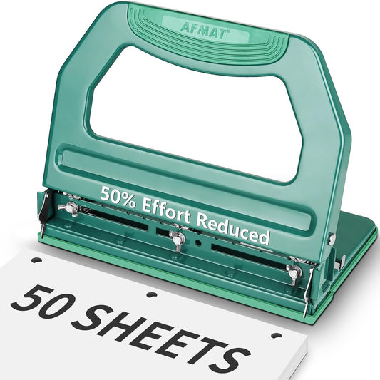 AFMAT HP18 Heavy Duty 3 Hole Punch, 50-Sheet, 50% Reduced Effort, Adjustable Two & Three Hole Punch,Green