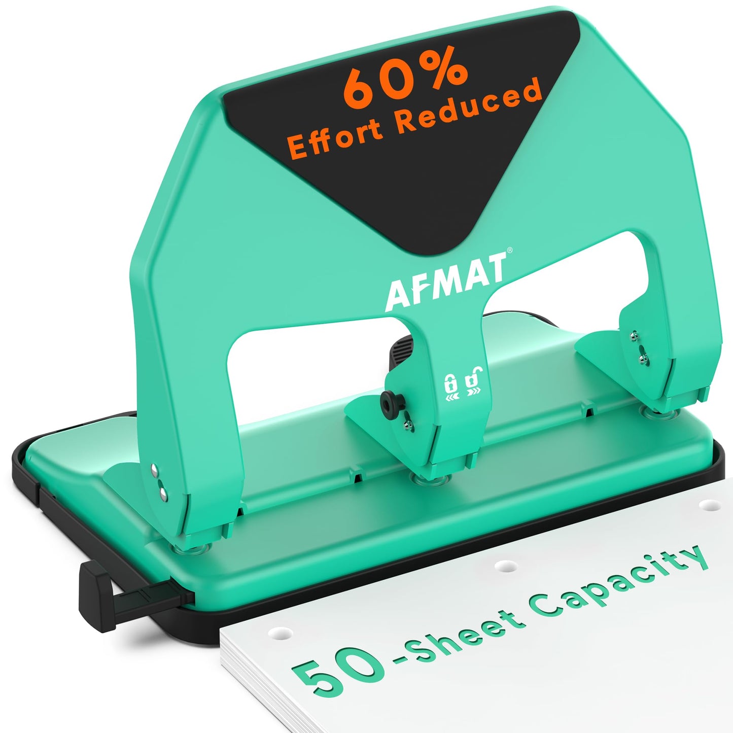 AFMAT HP20 Heavy Duty 3 Hole Punch, 60% Reduced Effort, 50-Sheet 3 Hole Puncher for Binder, 10,000+ Uses, Metal Three Hole Punch for Home Office School, w/Large Chip Tray, Paper Guide(Black)