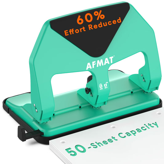 AFMAT HP20 Heavy Duty 3 Hole Punch, 60% Reduced Effort, 50-Sheet 3 Hole Puncher for Binder, 10,000+ Uses, Metal Three Hole Punch for Home Office School, w/Large Chip Tray, Paper Guide,Green
