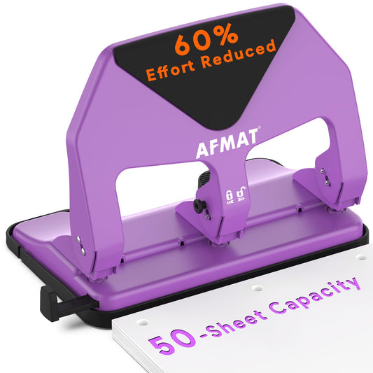 AFMAT HP20 Heavy Duty 3 Hole Punch, 60% Reduced Effort, 50-Sheet 3 Hole Puncher for Binder, 10,000+ Uses, Metal Three Hole Punch for Home Office School, w/Large Chip Tray, Paper Guide,Purple