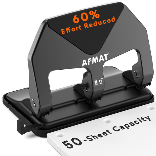 AFMAT HP20 Heavy Duty 3 Hole Punch, 60% Reduced Effort, 50-Sheet 3 Hole Puncher for Binder, 10,000+ Uses, Metal Three Hole Punch for Home Office School, w/Large Chip Tray, Paper Guide,Black