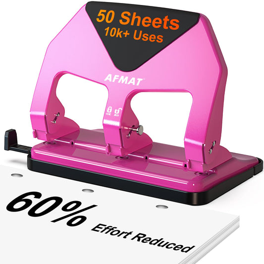 AFMAT HP20 Heavy Duty 3 Hole Punch, 60% Reduced Effort, 50-Sheet 3 Hole Puncher for Binder, 10,000+ Uses, Metal Three Hole Punch for Home Office School, w/Large Chip Tray, Paper Guide,Rose Red