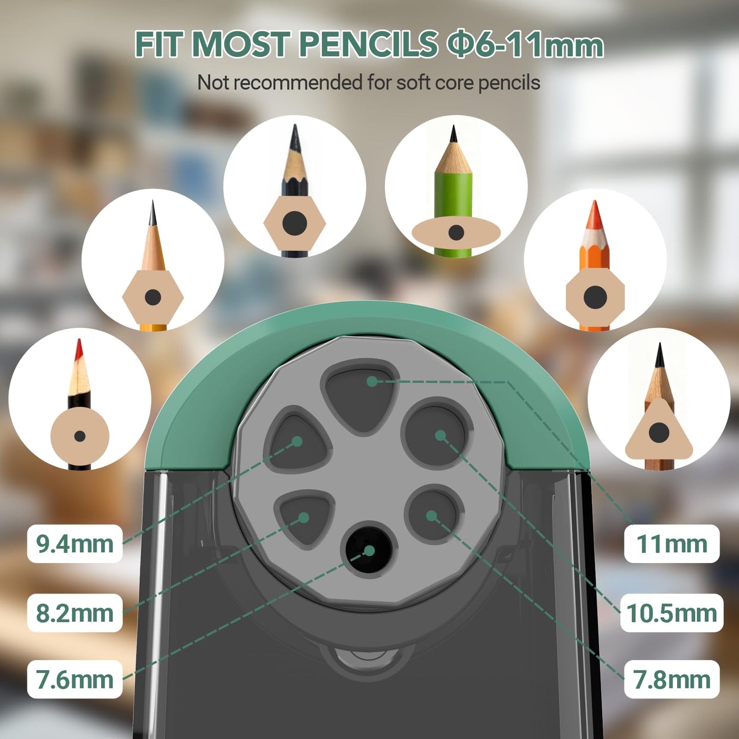 AFMAT 6-Hole Electric Pencil Sharpener Heavy Duty, Fast Sharpen, Auto Stop & Save Pencils, 10000 Sharpening Times, Rechargeable Classroom Pencil Sharpener for 6-11mm No.2/Large/Colored Pencils,Model:PSD2(Black)