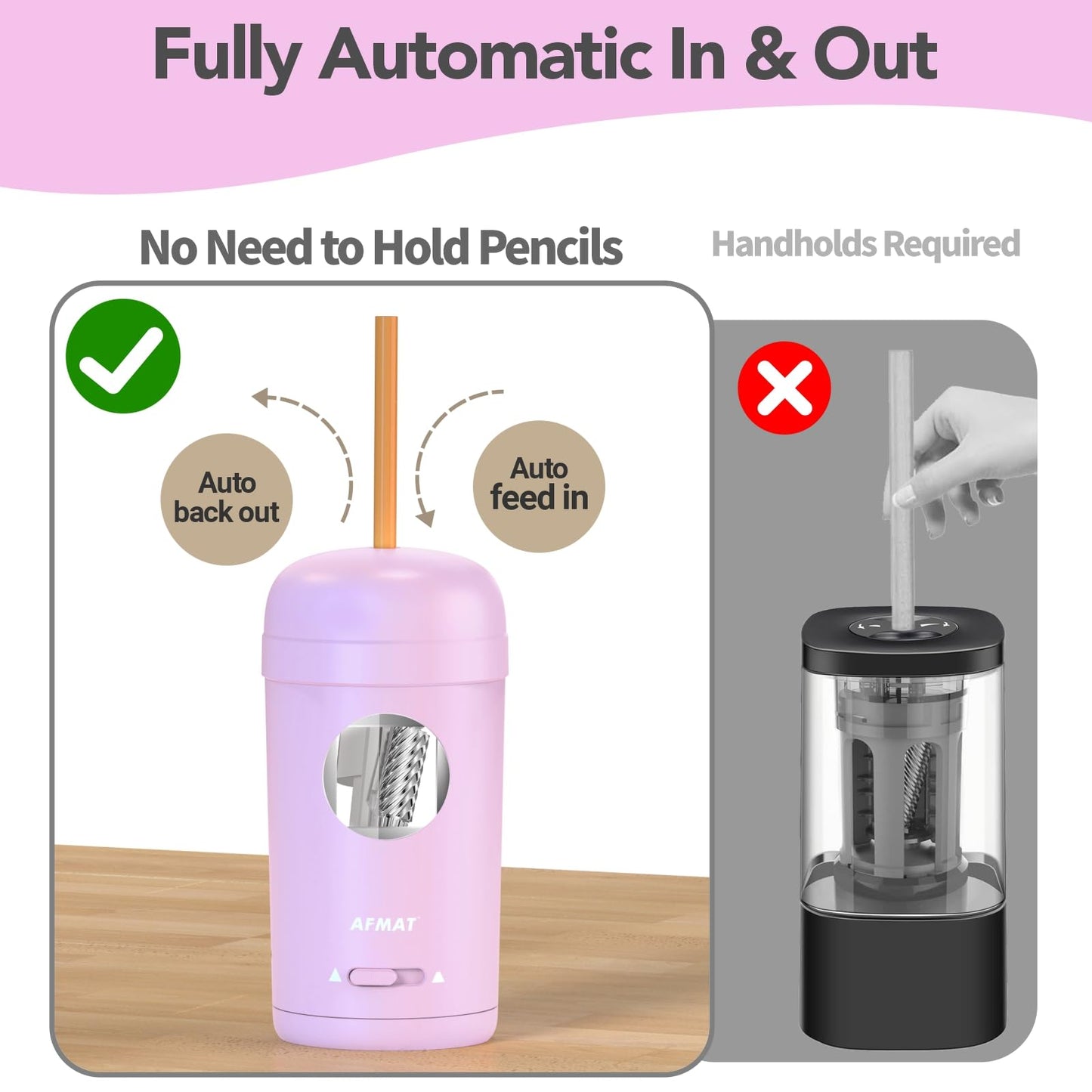 AFMAT PSX7 Electric Pencil Sharpener, Fully Automatic Pencil Sharpener for 7-8mm Pencils & Colored Pencils, Auto in & Out, Rechargeable Vertical Hands-Free Sharpeners for Classroom/Home/Office (Black)