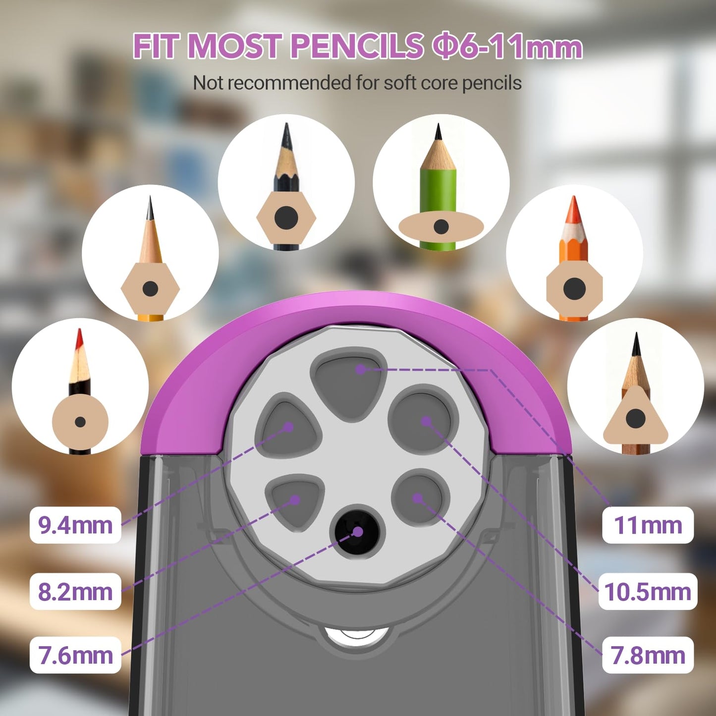 AFMAT 6-Hole Electric Pencil Sharpener Heavy Duty, Fast Sharpen, Auto Stop & Save Pencils, 10000 Sharpening Times, Rechargeable Classroom Pencil Sharpener for 6-11mm No.2/Large/Colored Pencils,Model:PSD2(Black)