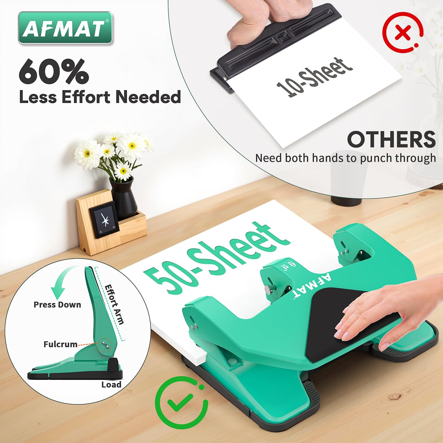 AFMAT HP20 Heavy Duty 3 Hole Punch, 60% Reduced Effort, 50-Sheet 3 Hole Puncher for Binder, 10,000+ Uses, Metal Three Hole Punch for Home Office School, w/Large Chip Tray, Paper Guide(Black)