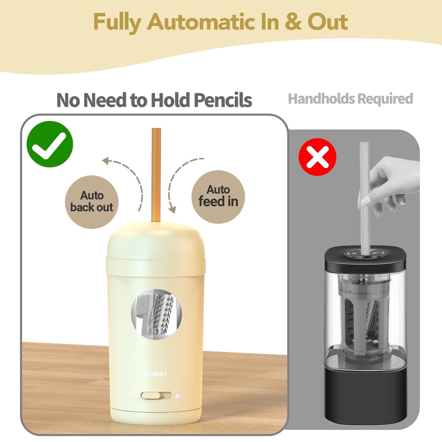 AFMAT PSX7 Electric Pencil Sharpener, Fully Automatic Pencil Sharpener for 7-8mm Pencils & Colored Pencils, Auto in & Out, Rechargeable Vertical Hands-Free Sharpeners for Classroom/Home/Office (Black)