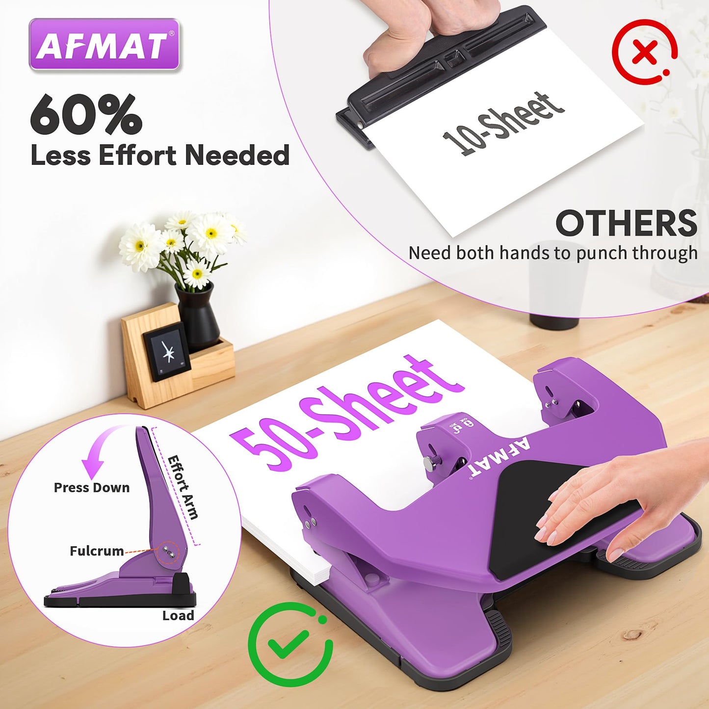 AFMAT HP20 Heavy Duty 3 Hole Punch, 60% Reduced Effort, 50-Sheet 3 Hole Puncher for Binder, 10,000+ Uses, Metal Three Hole Punch for Home Office School, w/Large Chip Tray, Paper Guide(Black)