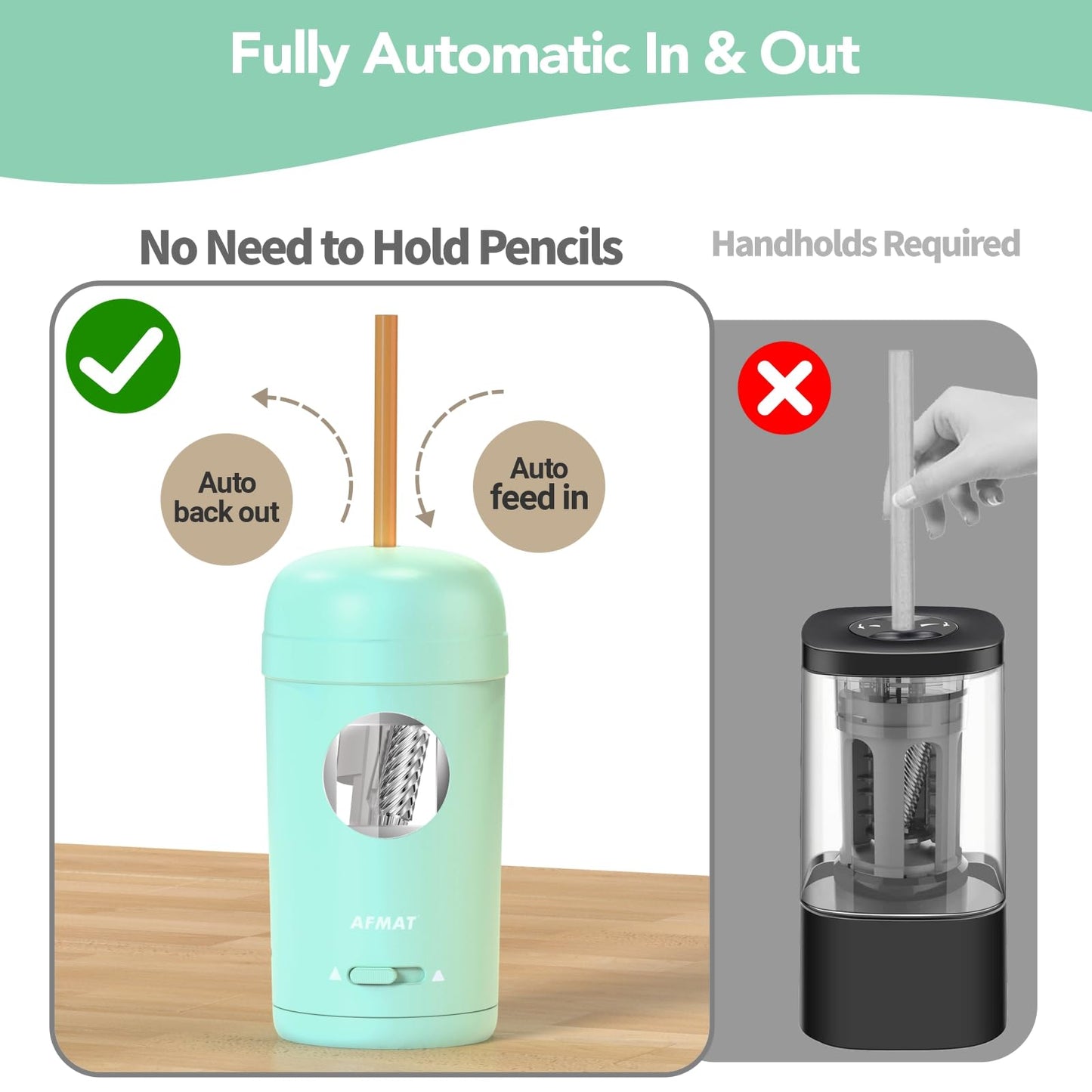 AFMAT PSX7 Electric Pencil Sharpener, Fully Automatic Pencil Sharpener for 7-8mm Pencils & Colored Pencils, Auto in & Out, Rechargeable Vertical Hands-Free Sharpeners for Classroom/Home/Office (Black)
