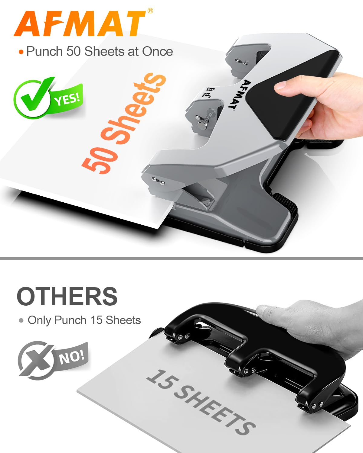 AFMAT HP20 Heavy Duty 3 Hole Punch, 60% Reduced Effort, 50-Sheet 3 Hole Puncher for Binder, 10,000+ Uses, Metal Three Hole Punch for Home Office School, w/Large Chip Tray, Paper Guide(Black)