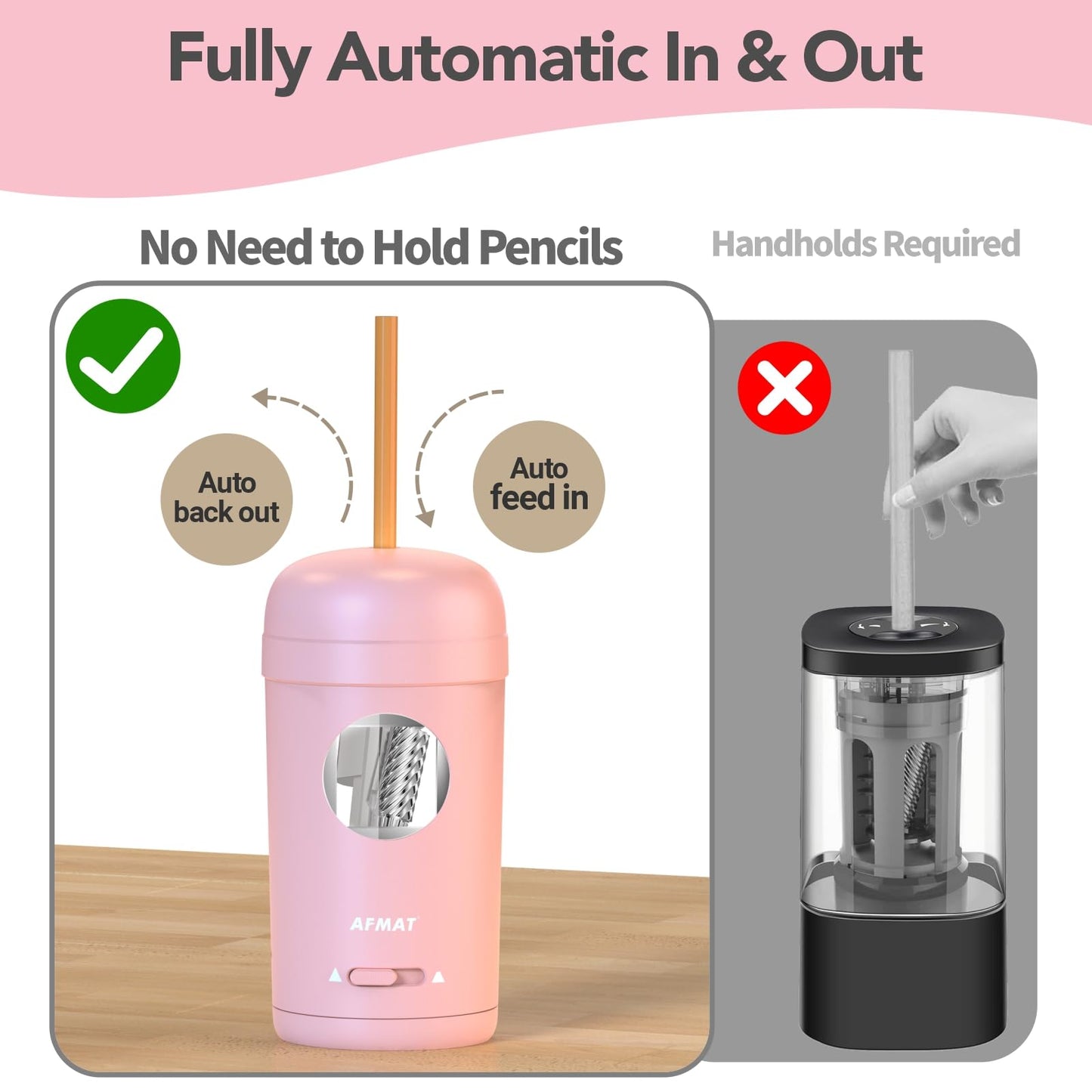 AFMAT PSX7 Electric Pencil Sharpener, Fully Automatic Pencil Sharpener for 7-8mm Pencils & Colored Pencils, Auto in & Out, Rechargeable Vertical Hands-Free Sharpeners for Classroom/Home/Office (Black)