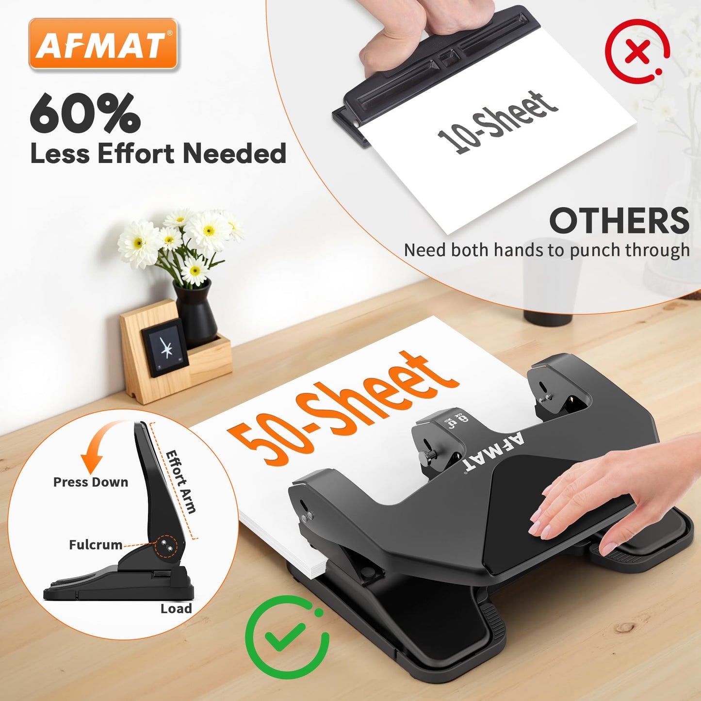 AFMAT HP20 Heavy Duty 3 Hole Punch, 60% Reduced Effort, 50-Sheet 3 Hole Puncher for Binder, 10,000+ Uses, Metal Three Hole Punch for Home Office School, w/Large Chip Tray, Paper Guide(Black)