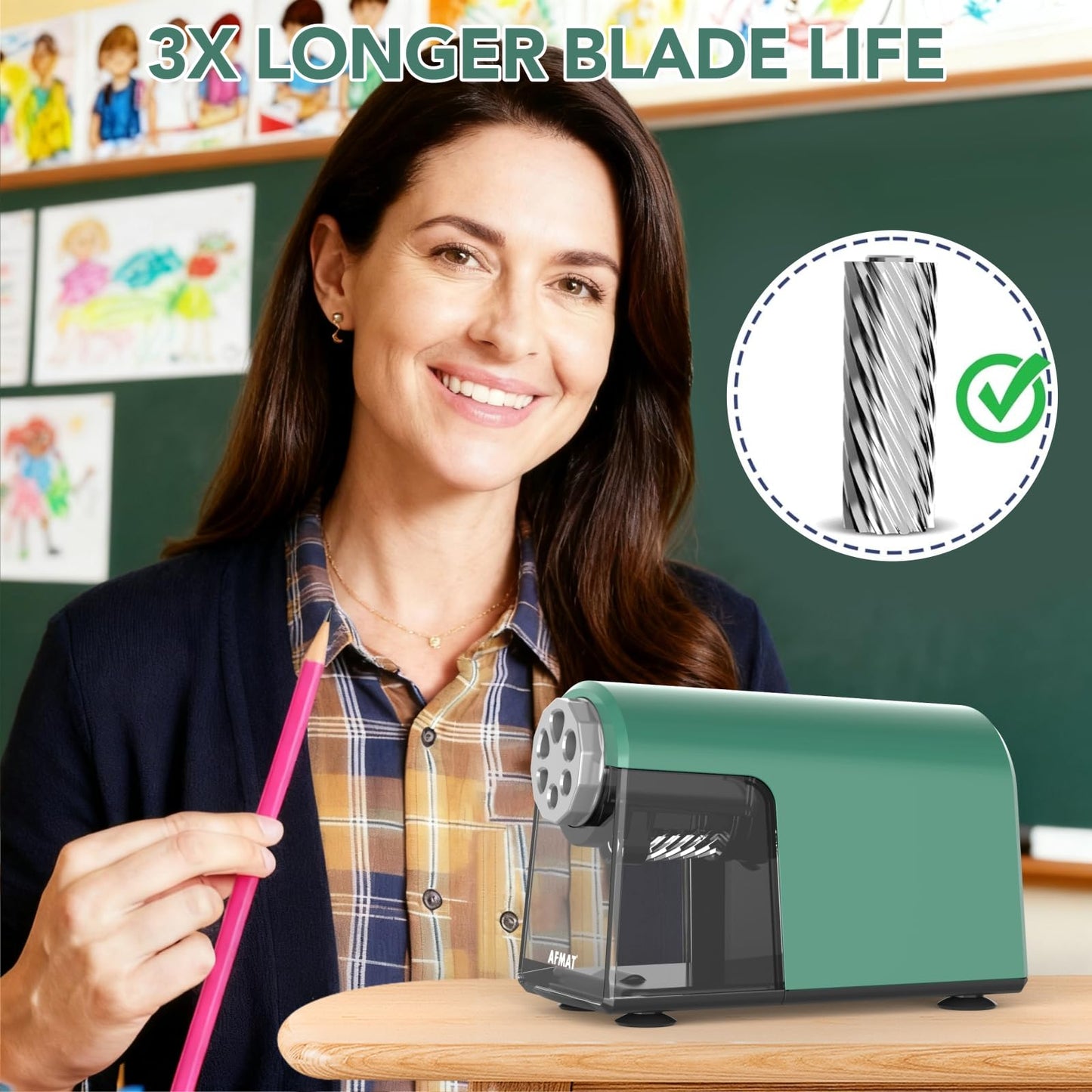 AFMAT 6-Hole Electric Pencil Sharpener Heavy Duty, Fast Sharpen, Auto Stop & Save Pencils, 10000 Sharpening Times, Rechargeable Classroom Pencil Sharpener for 6-11mm No.2/Large/Colored Pencils,Model:PSD2(Black)