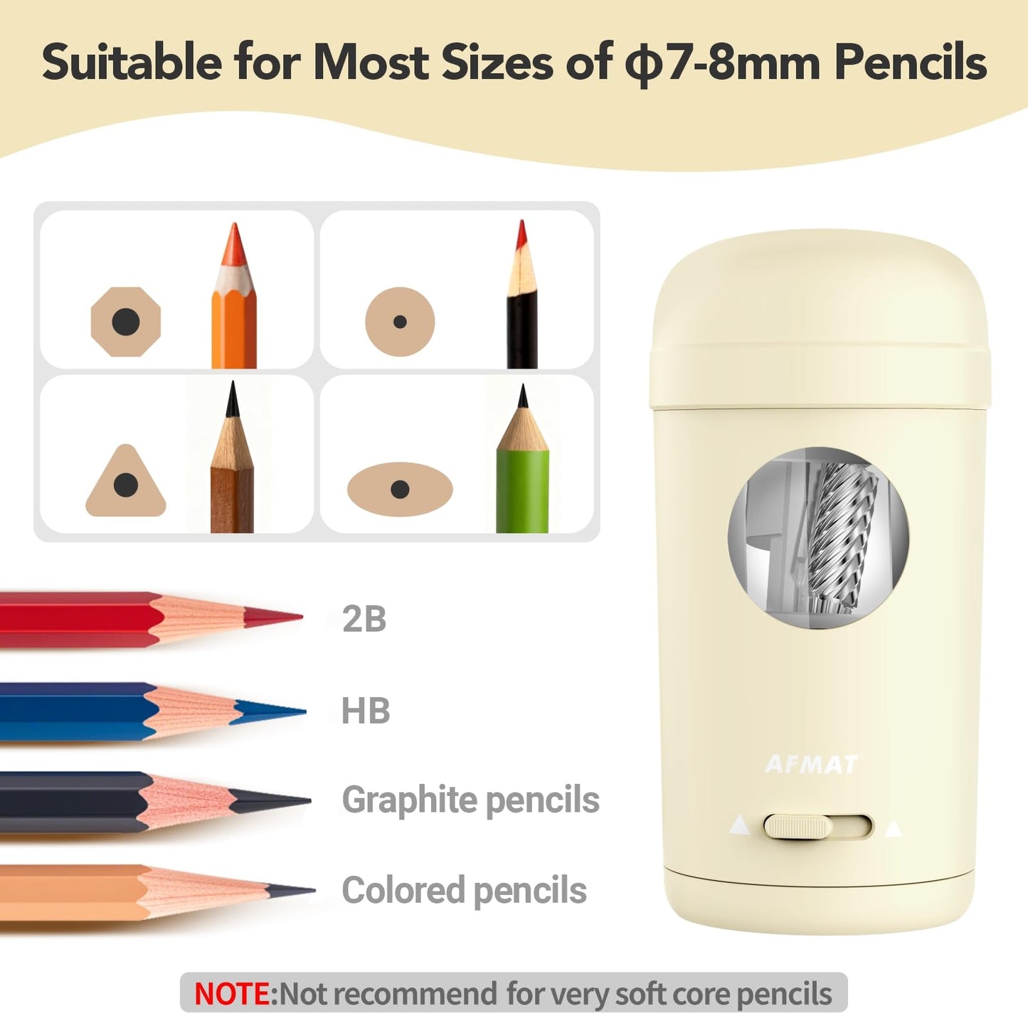 AFMAT PSX7 Electric Pencil Sharpener, Fully Automatic Pencil Sharpener for 7-8mm Pencils & Colored Pencils, Auto in & Out, Rechargeable Vertical Hands-Free Sharpeners for Classroom/Home/Office (Black)