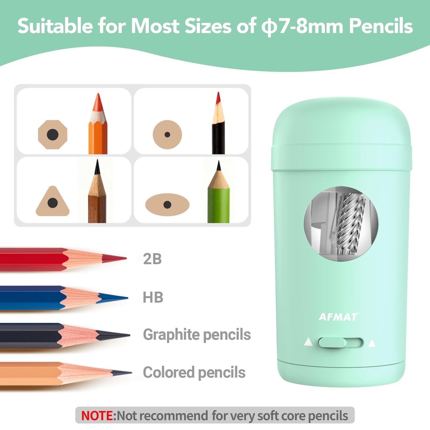 AFMAT PSX7 Electric Pencil Sharpener, Fully Automatic Pencil Sharpener for 7-8mm Pencils & Colored Pencils, Auto in & Out, Rechargeable Vertical Hands-Free Sharpeners for Classroom/Home/Office (Black)
