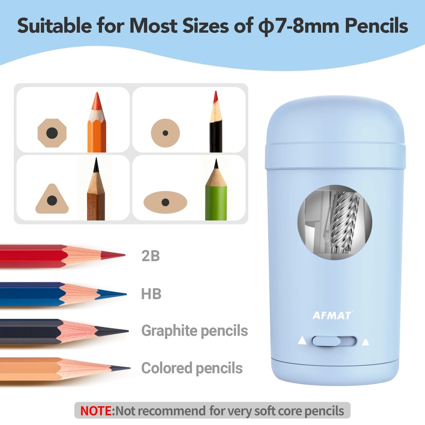 AFMAT PSX7 Electric Pencil Sharpener, Fully Automatic Pencil Sharpener for 7-8mm Pencils & Colored Pencils, Auto in & Out, Rechargeable Vertical Hands-Free Sharpeners for Classroom/Home/Office (Black)