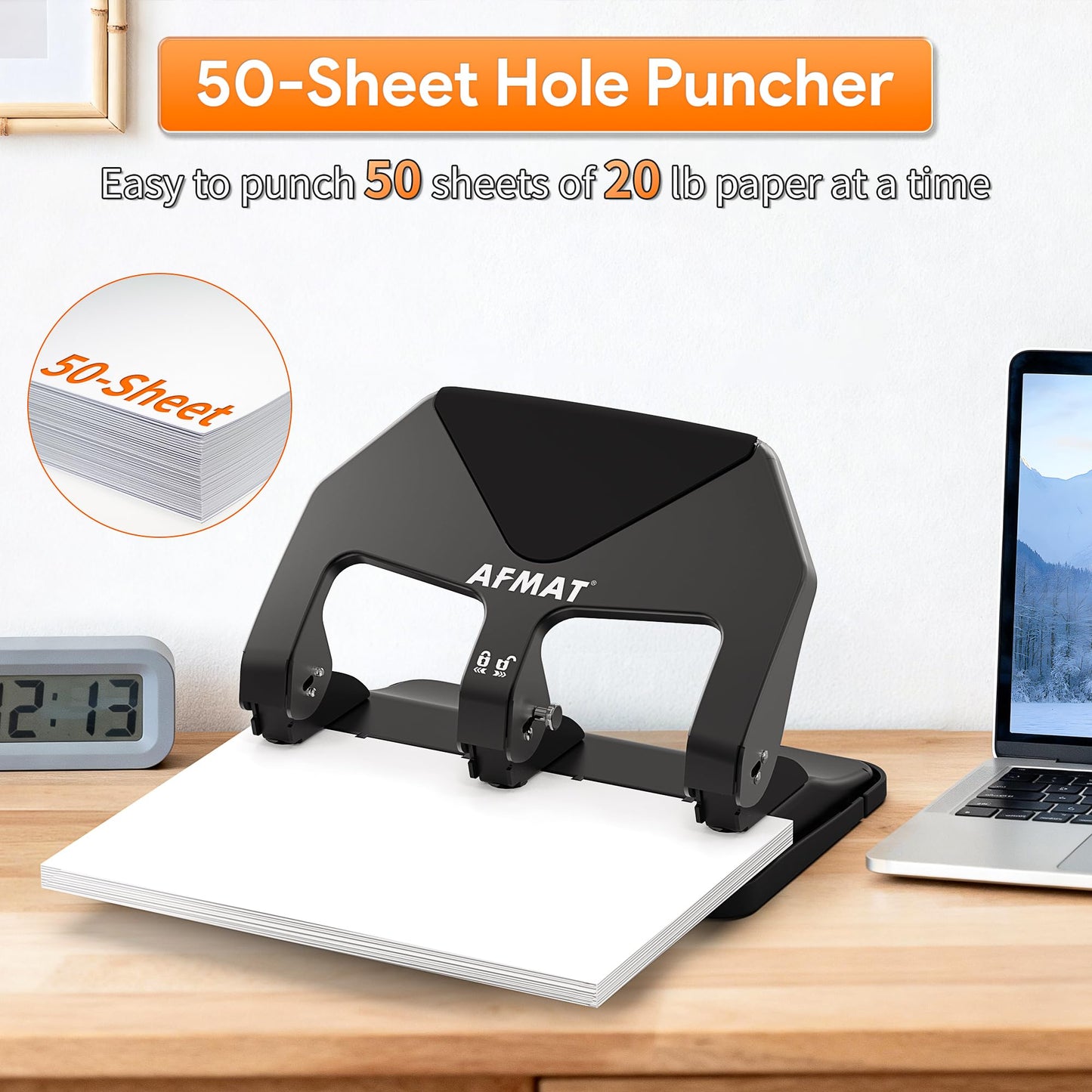 AFMAT HP20 Heavy Duty 3 Hole Punch, 60% Reduced Effort, 50-Sheet 3 Hole Puncher for Binder, 10,000+ Uses, Metal Three Hole Punch for Home Office School, w/Large Chip Tray, Paper Guide(Black)