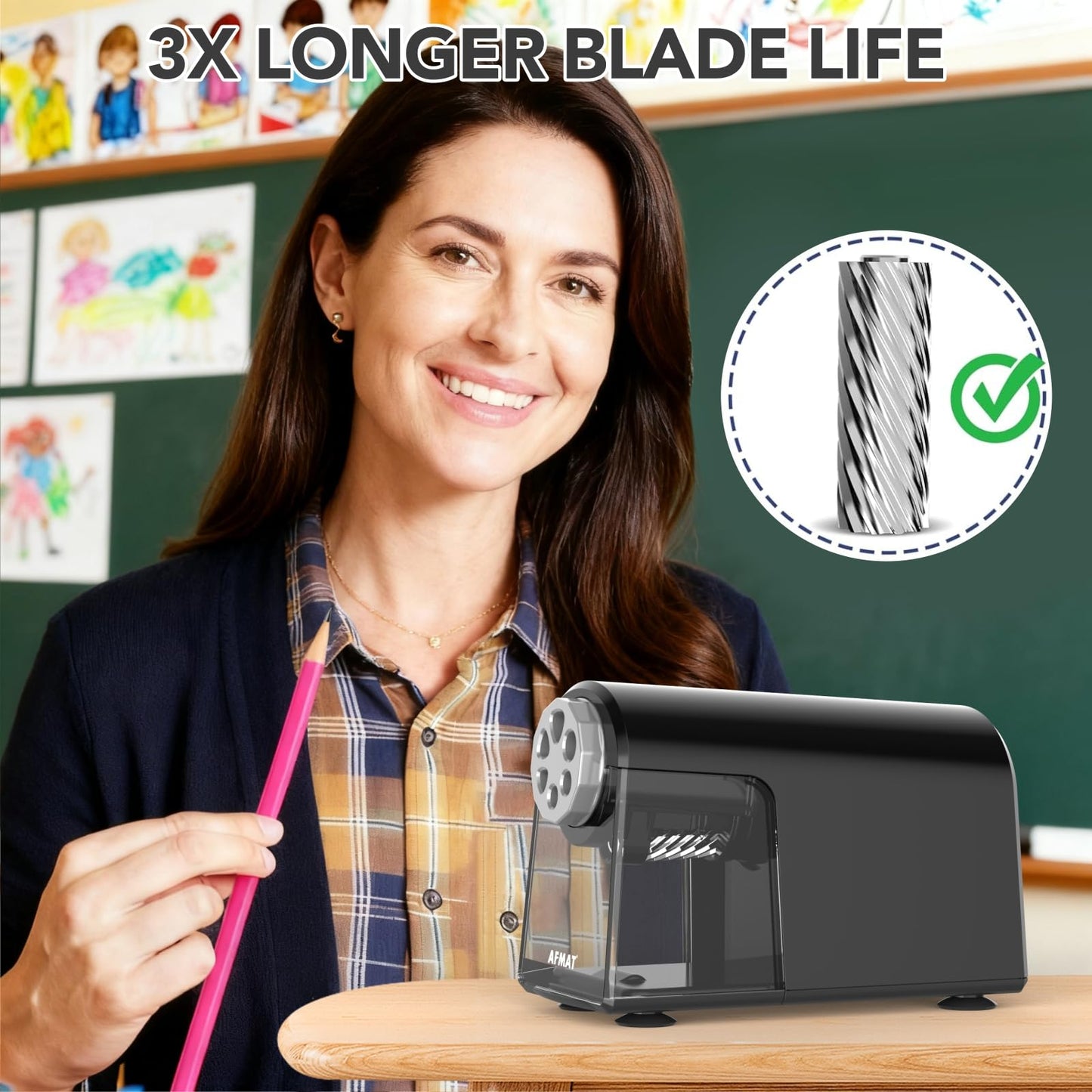 AFMAT 6-Hole Electric Pencil Sharpener Heavy Duty, Fast Sharpen, Auto Stop & Save Pencils, 10000 Sharpening Times, Rechargeable Classroom Pencil Sharpener for 6-11mm No.2/Large/Colored Pencils,Model:PSD2(Black)