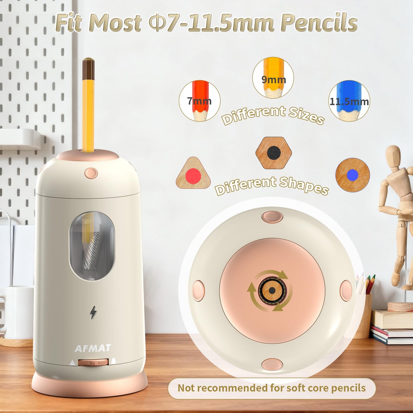 AFMAT Electric Pencil Sharpener, Auto in & Out, Fully Automatic Pencil Sharpener, Rechargeable Hands-Free Sharpeners for Jumbo & Colored Pencils (7-11.5mm), Good for Classroom/Home/Office,Model:PSC8(Off White)