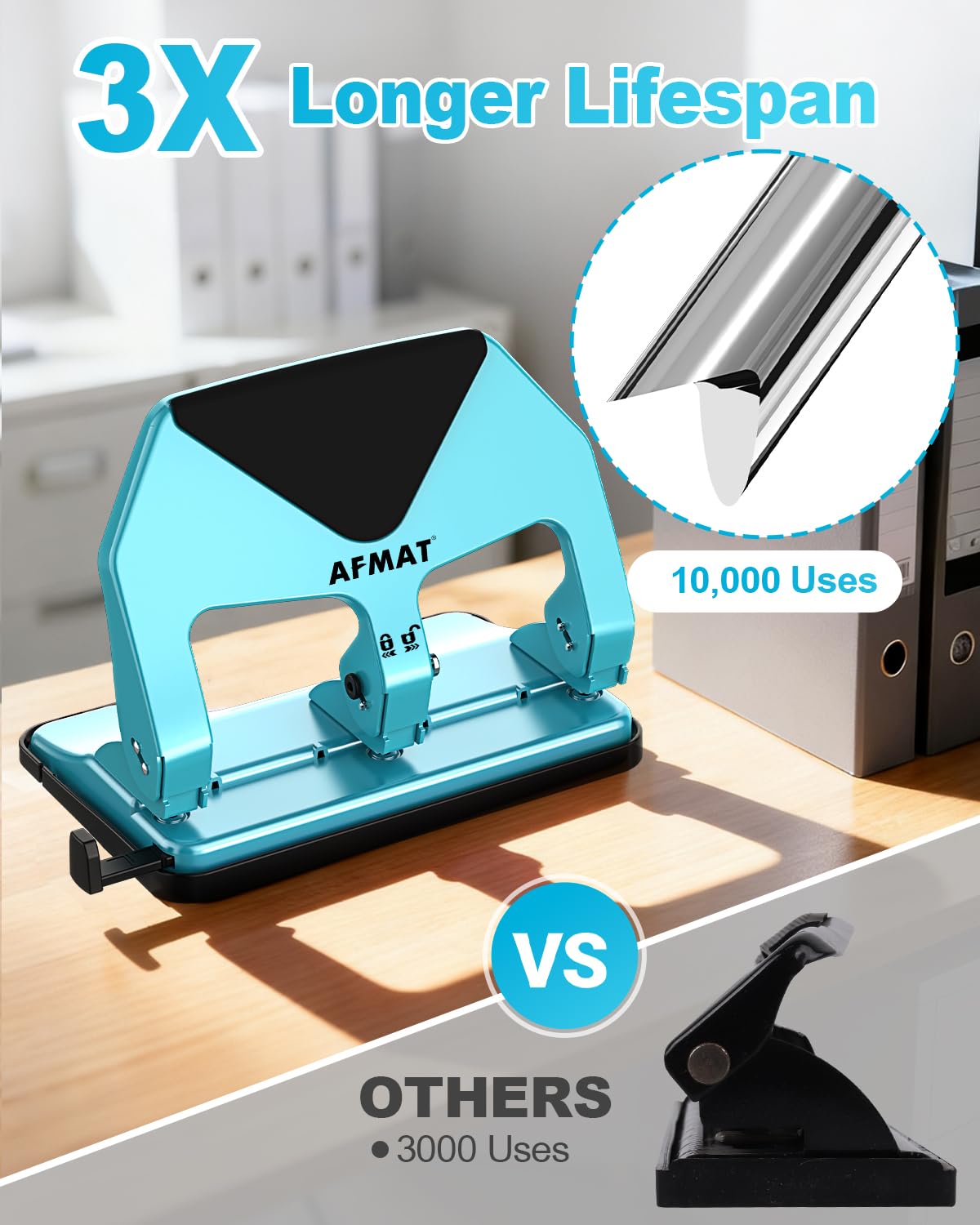AFMAT HP20 Heavy Duty 3 Hole Punch, 60% Reduced Effort, 50-Sheet 3 Hole Puncher for Binder, 10,000+ Uses, Metal Three Hole Punch for Home Office School, w/Large Chip Tray, Paper Guide(Black)