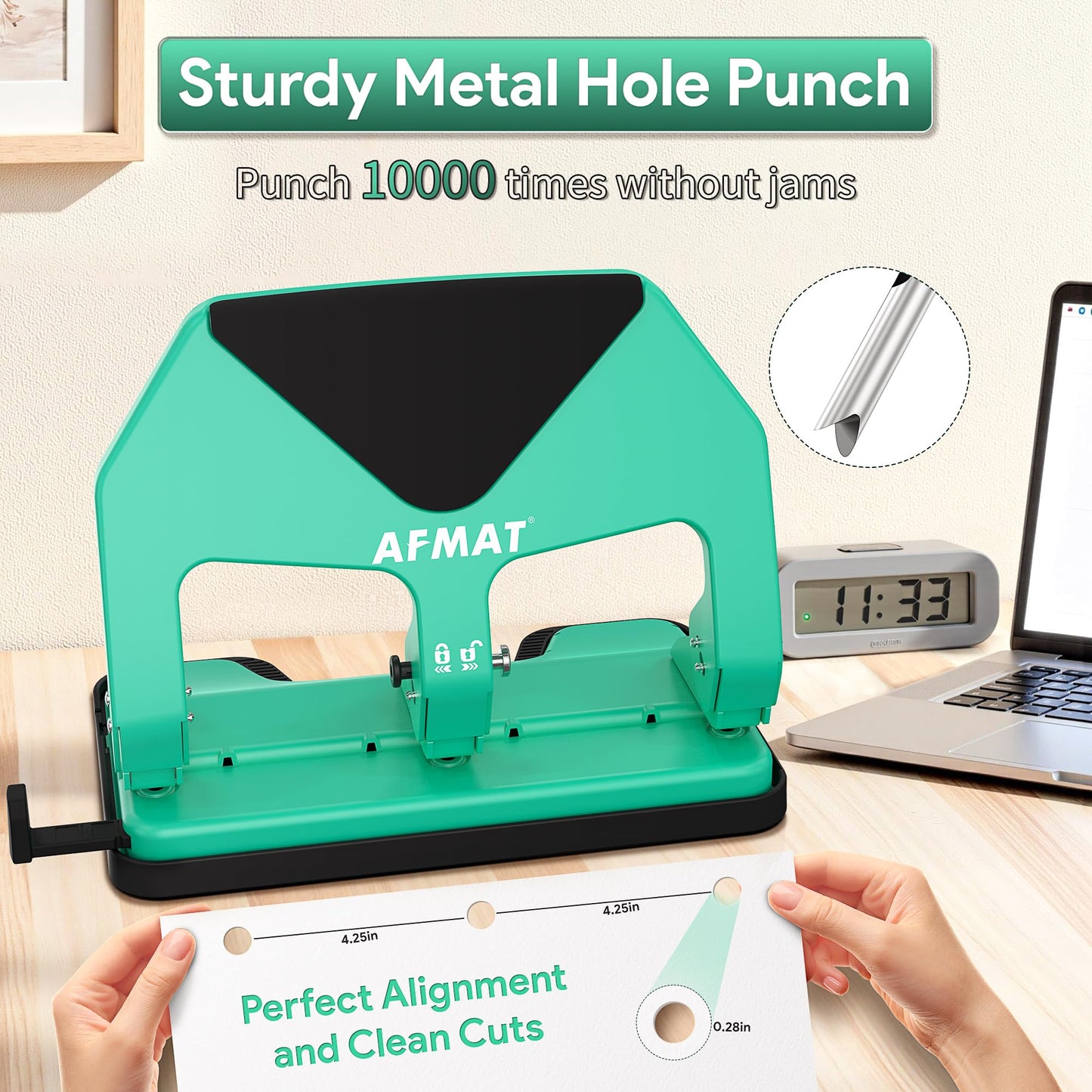 AFMAT HP20 Heavy Duty 3 Hole Punch, 60% Reduced Effort, 50-Sheet 3 Hole Puncher for Binder, 10,000+ Uses, Metal Three Hole Punch for Home Office School, w/Large Chip Tray, Paper Guide(Black)