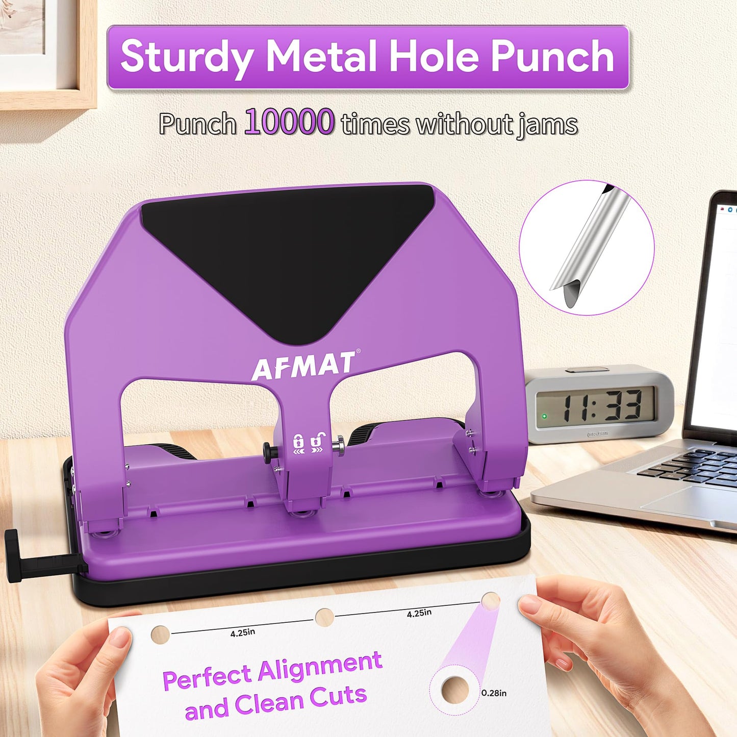 AFMAT HP20 Heavy Duty 3 Hole Punch, 60% Reduced Effort, 50-Sheet 3 Hole Puncher for Binder, 10,000+ Uses, Metal Three Hole Punch for Home Office School, w/Large Chip Tray, Paper Guide(Black)