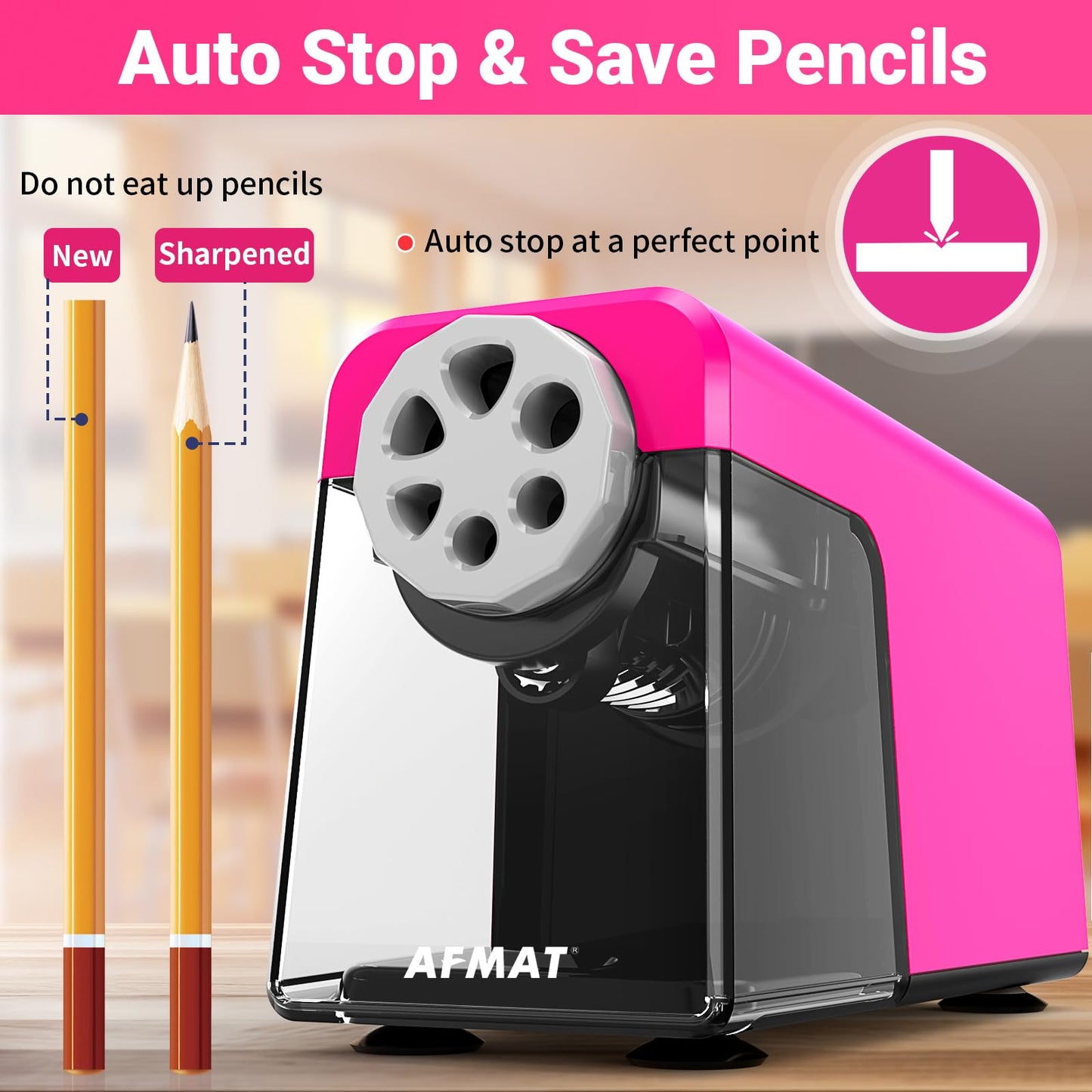 AFMAT 6-Hole Electric Pencil Sharpener Heavy Duty, Auto Stop Classroom Pencil Sharpener for 6-11mm Pencils, Rechargeable Pencil Sharpeners for School, 10,000+ Sharpenings, Save Pencils, Model:PSD1(Pink)