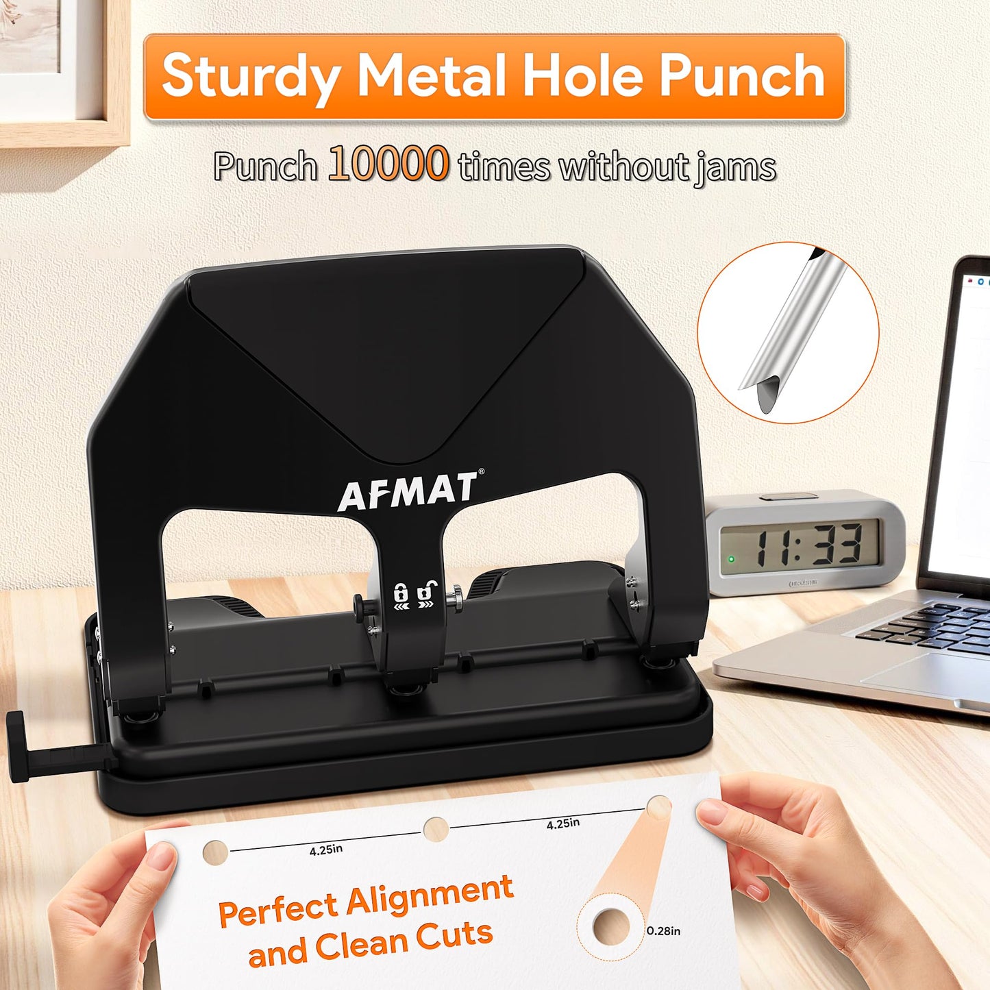AFMAT HP20 Heavy Duty 3 Hole Punch, 60% Reduced Effort, 50-Sheet 3 Hole Puncher for Binder, 10,000+ Uses, Metal Three Hole Punch for Home Office School, w/Large Chip Tray, Paper Guide(Black)