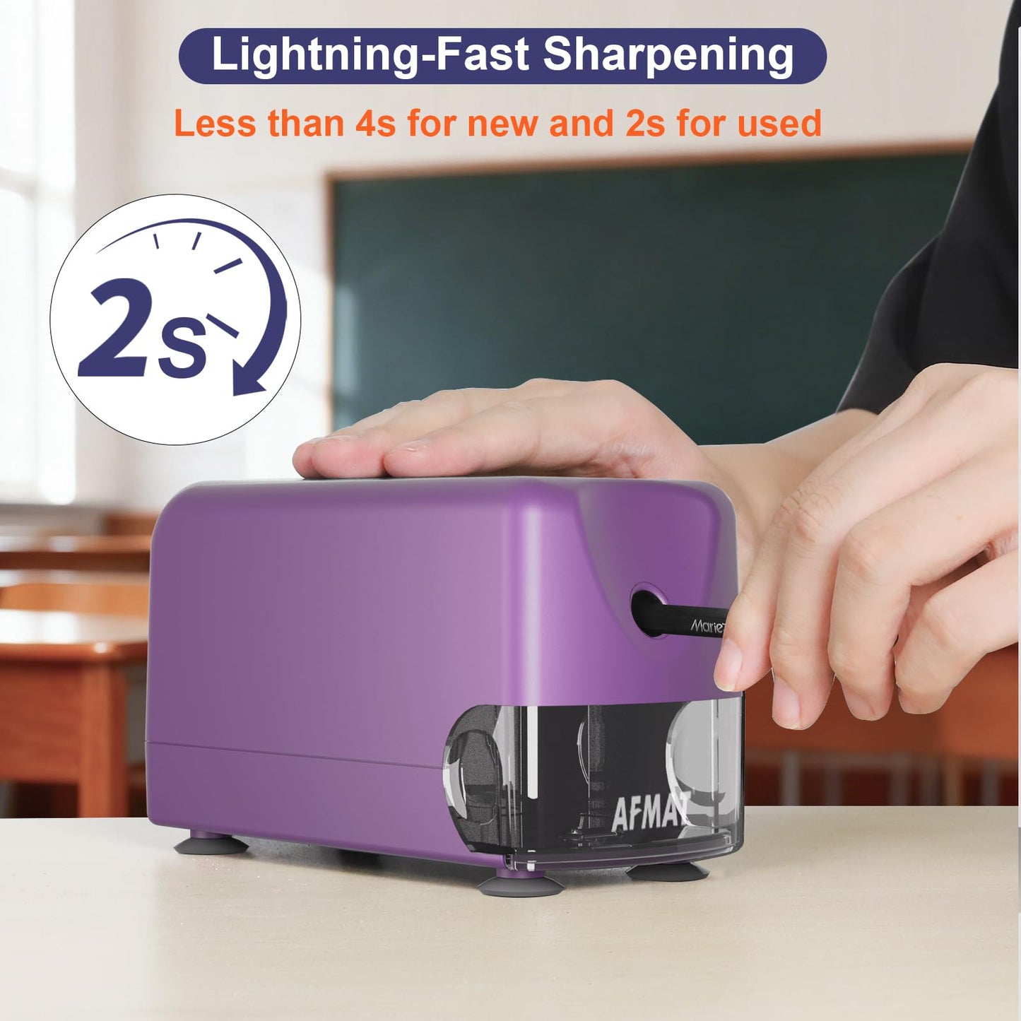 AFMAT PSD3 Electric Pencil Sharpener, Heavy Duty Classroom Pencil Sharpeners for 6-10.8mm Pencils, Auto Stop & Rechargeable, 2s Fast Sharpening, Battery Powered, 10,000 Sharpenings, Green