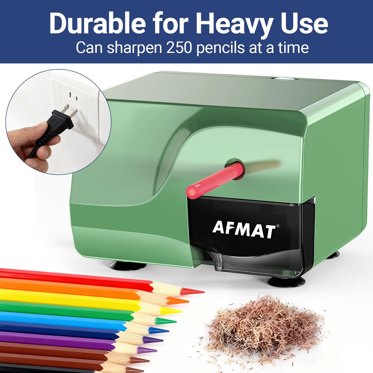 AFMAT PS108 Electric Pencil Sharpener, Heavy Duty Pencil Sharpener, Fast Sharpen in 3-5s, 3 Sharpness Setting, 10,000+ Sharpenings for Classroom, School, Home, Green