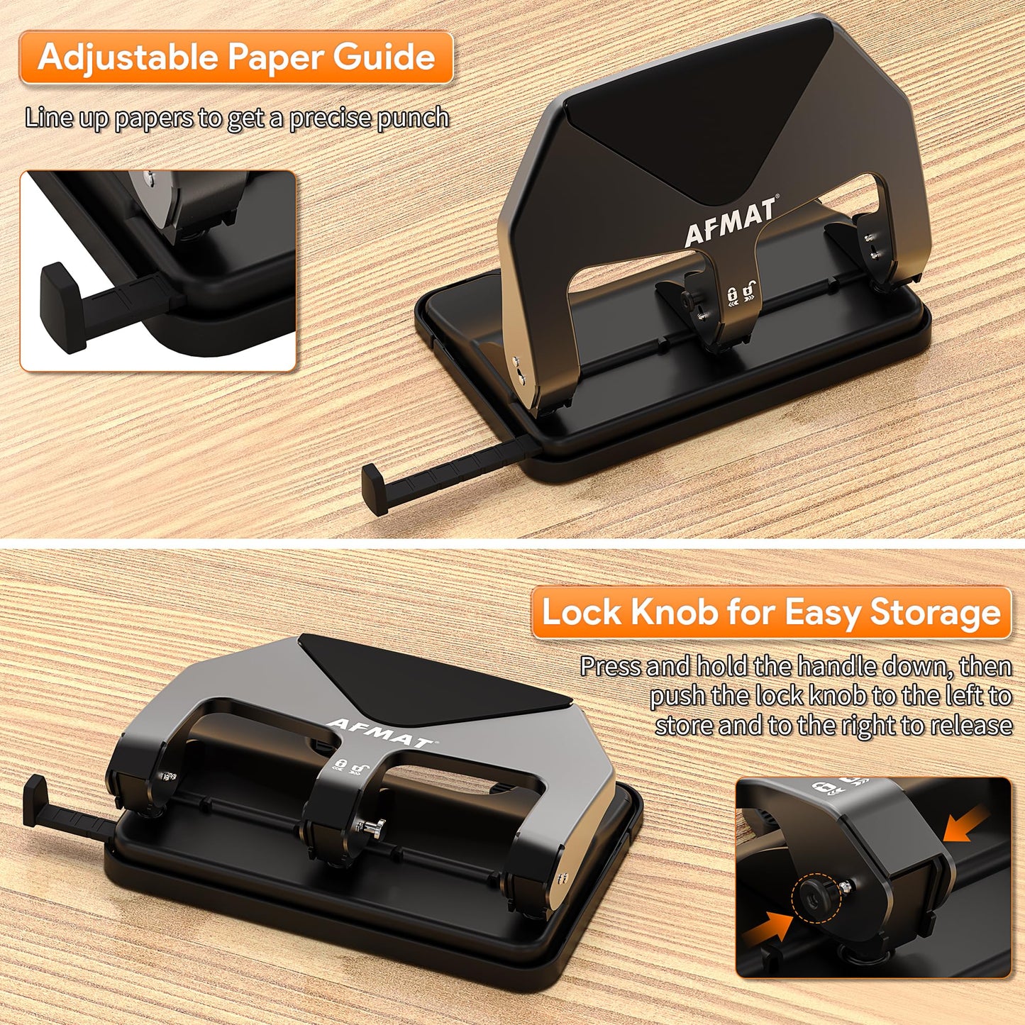 AFMAT HP20 Heavy Duty 3 Hole Punch, 60% Reduced Effort, 50-Sheet 3 Hole Puncher for Binder, 10,000+ Uses, Metal Three Hole Punch for Home Office School, w/Large Chip Tray, Paper Guide(Black)