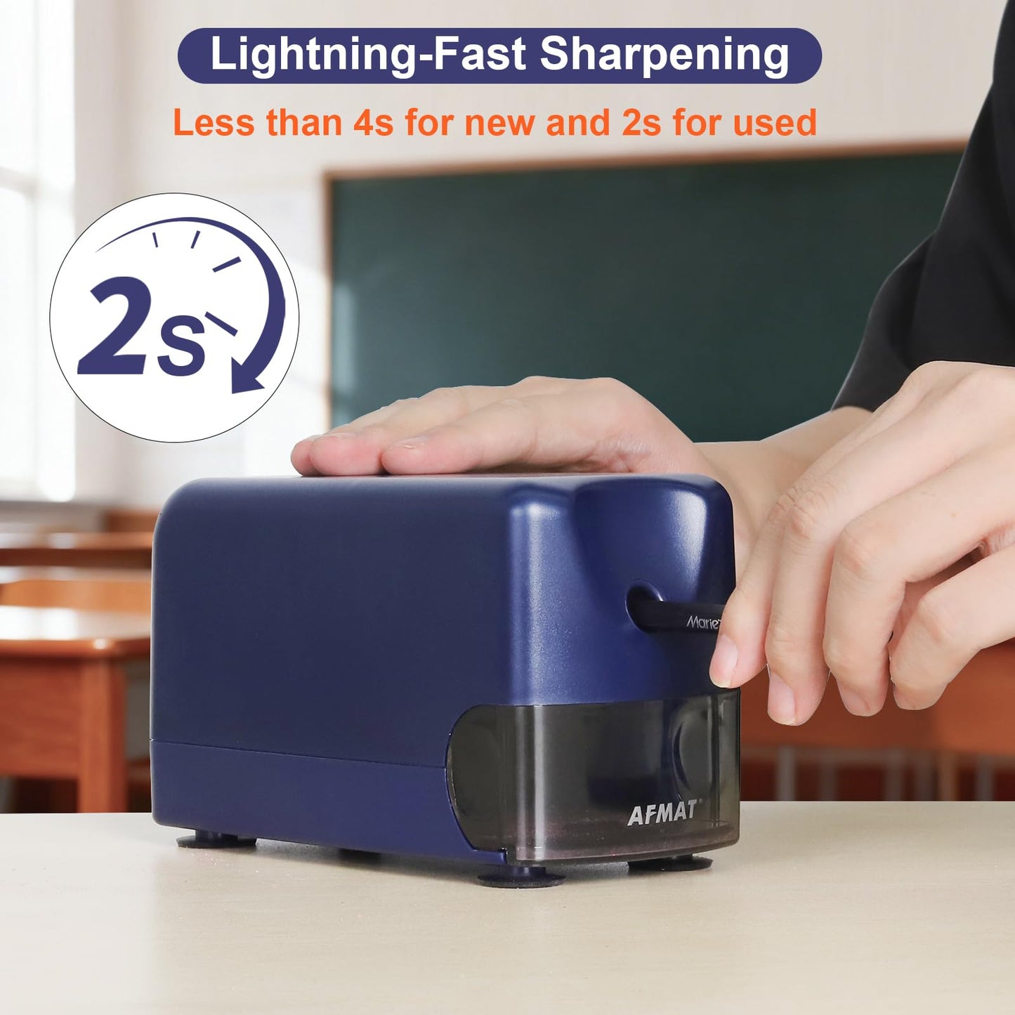 AFMAT PSD3 Electric Pencil Sharpener, Heavy Duty Classroom Pencil Sharpeners for 6-10.8mm Pencils, Auto Stop & Rechargeable, 2s Fast Sharpening, Battery Powered, 10,000 Sharpenings, Green