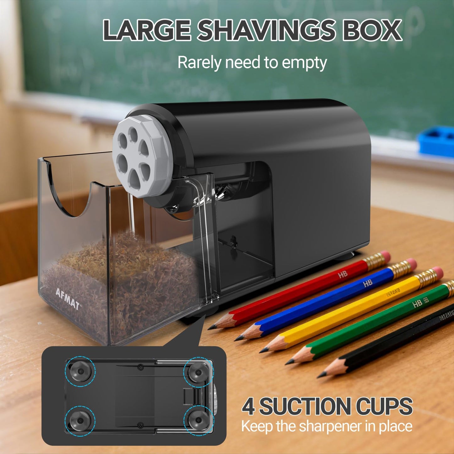 AFMAT 6-Hole Electric Pencil Sharpener Heavy Duty, Fast Sharpen, Auto Stop & Save Pencils, 10000 Sharpening Times, Rechargeable Classroom Pencil Sharpener for 6-11mm No.2/Large/Colored Pencils,Model:PSD2(Black)