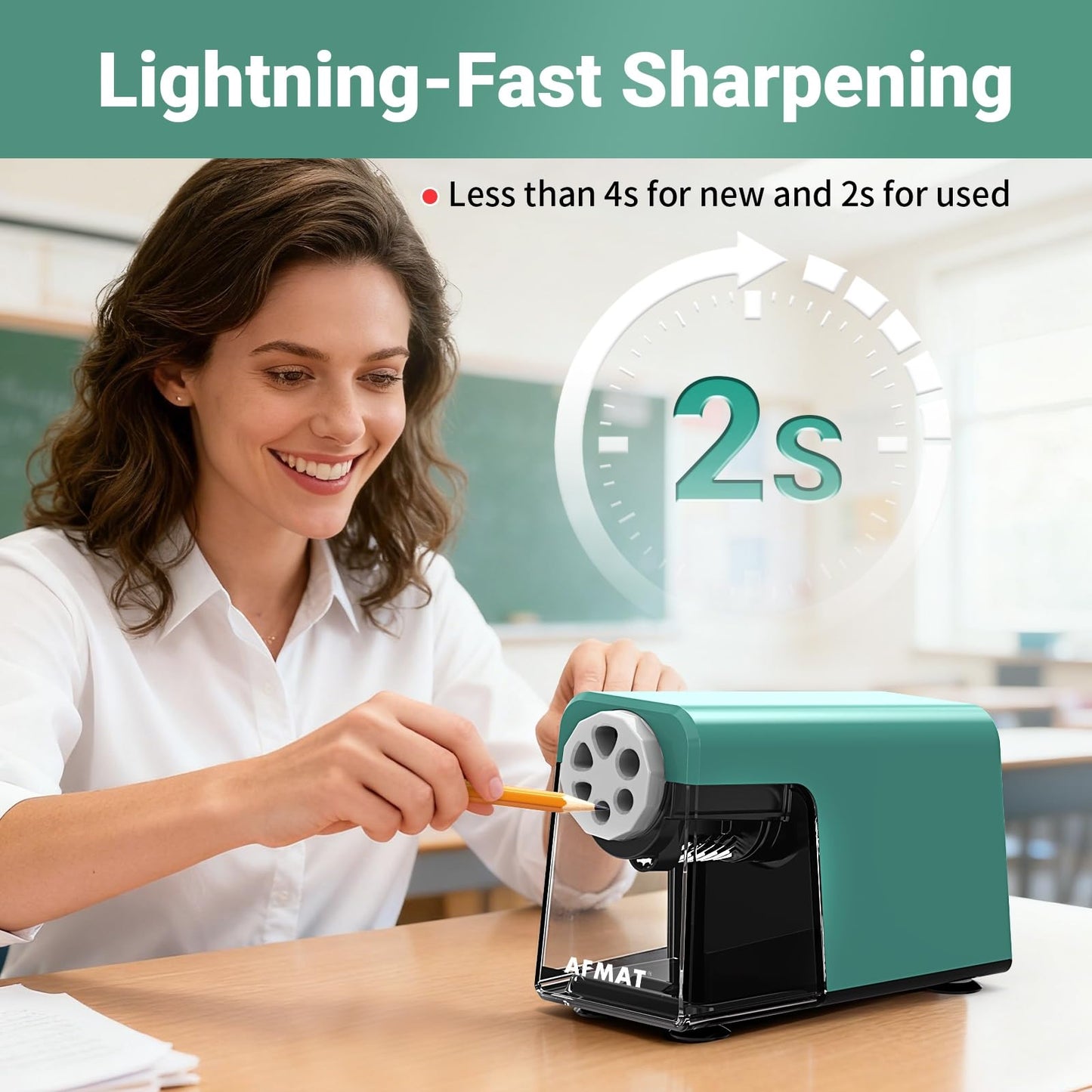 AFMAT 6-Hole Electric Pencil Sharpener Heavy Duty, Auto Stop Classroom Pencil Sharpener for 6-11mm Pencils, Rechargeable Pencil Sharpeners for School, 10,000+ Sharpenings, Save Pencils, Model:PSD1(Pink)