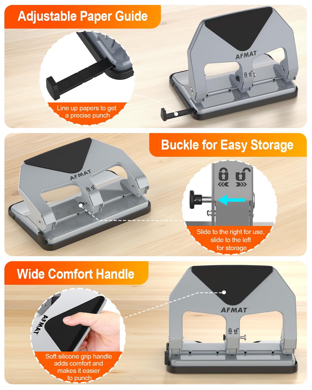 AFMAT HP20 Heavy Duty 3 Hole Punch, 60% Reduced Effort, 50-Sheet 3 Hole Puncher for Binder, 10,000+ Uses, Metal Three Hole Punch for Home Office School, w/Large Chip Tray, Paper Guide(Black)