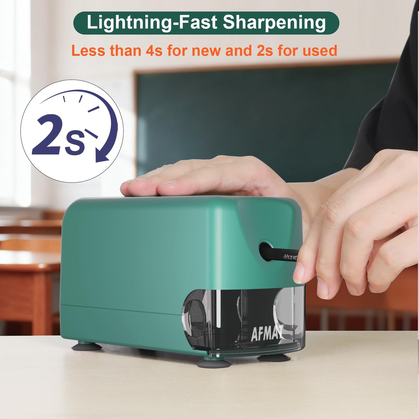 AFMAT PSD3 Electric Pencil Sharpener, Heavy Duty Classroom Pencil Sharpeners for 6-10.8mm Pencils, Auto Stop & Rechargeable, 2s Fast Sharpening, Battery Powered, 10,000 Sharpenings, Green