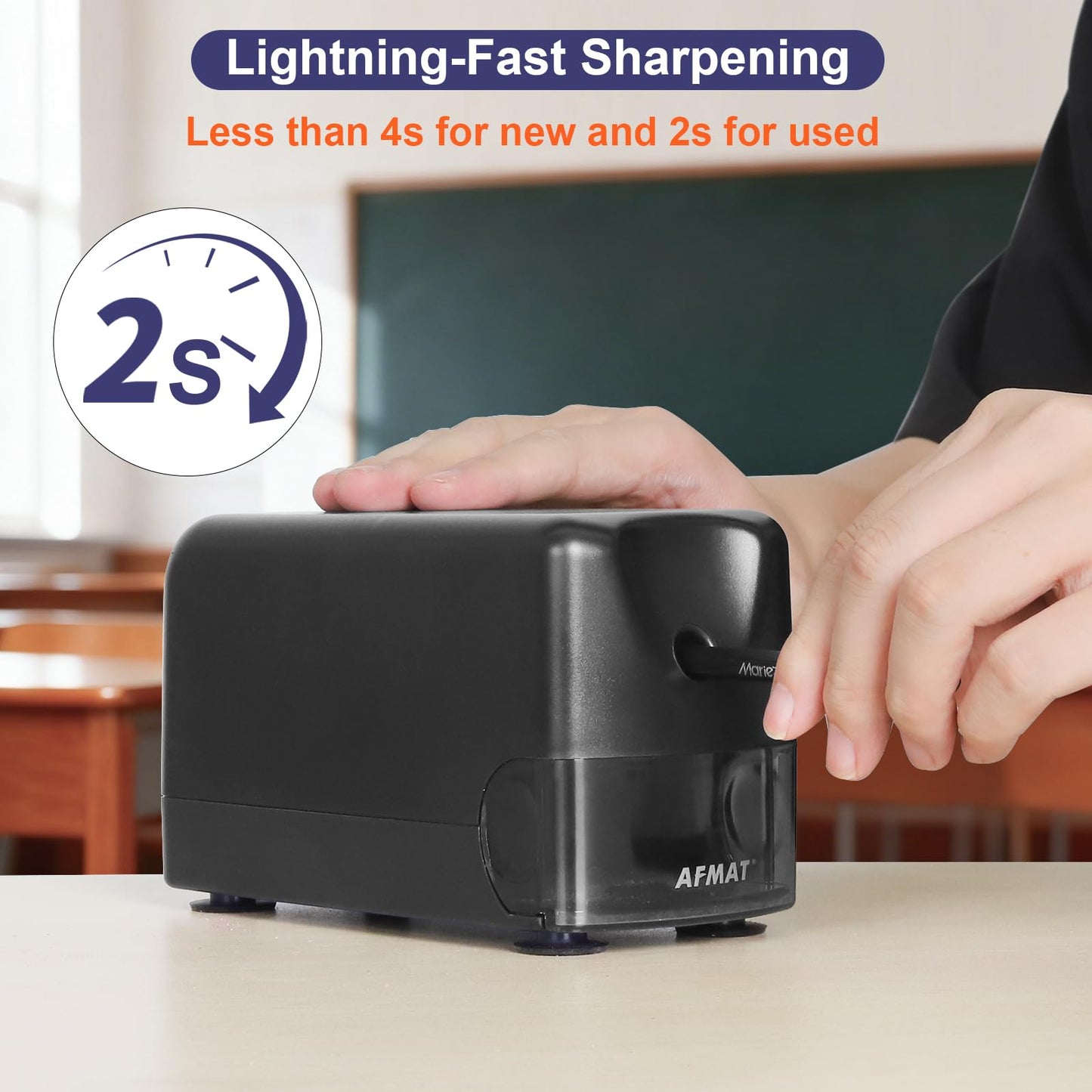 AFMAT PSD3 Electric Pencil Sharpener, Heavy Duty Classroom Pencil Sharpeners for 6-10.8mm Pencils, Auto Stop & Rechargeable, 2s Fast Sharpening, Battery Powered, 10,000 Sharpenings, Green