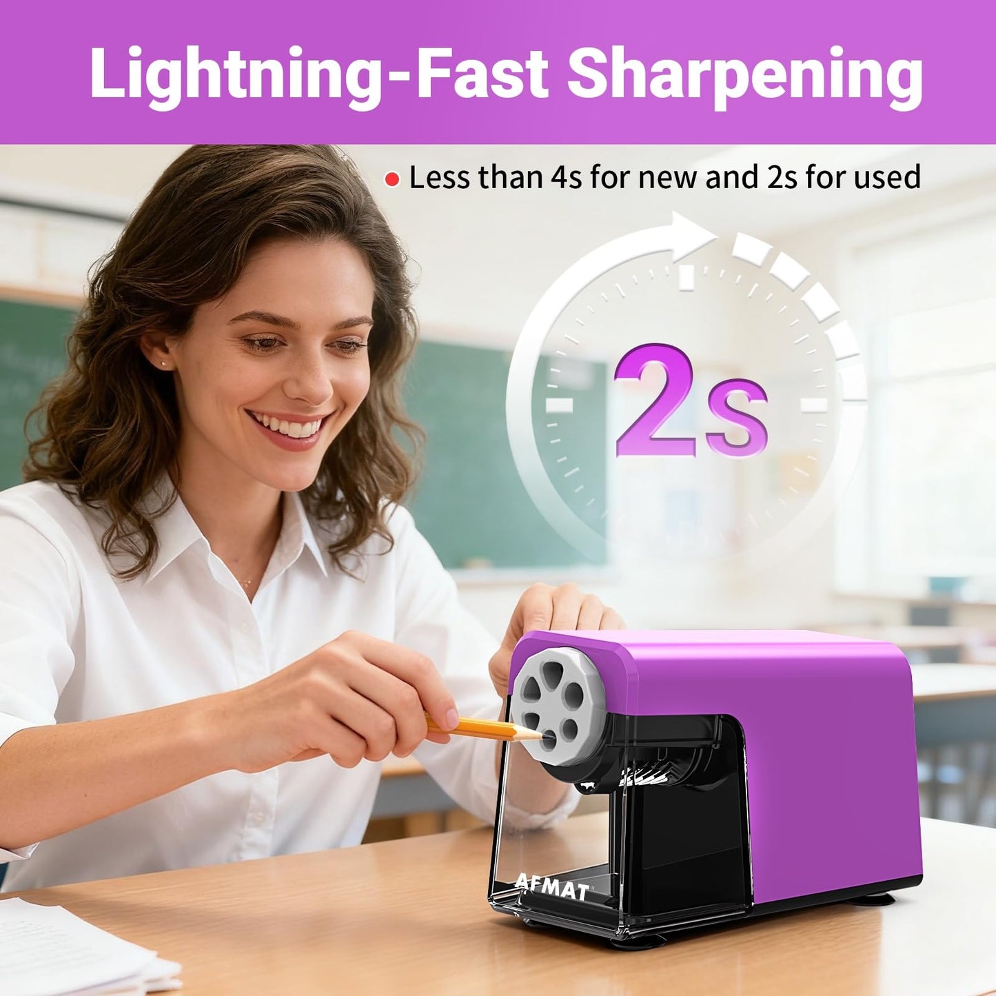 AFMAT 6-Hole Electric Pencil Sharpener Heavy Duty, Auto Stop Classroom Pencil Sharpener for 6-11mm Pencils, Rechargeable Pencil Sharpeners for School, 10,000+ Sharpenings, Save Pencils, Model:PSD1(Pink)