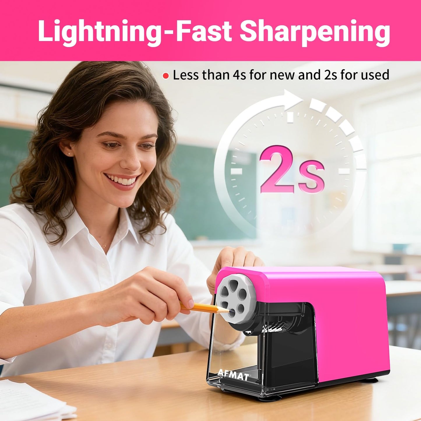 AFMAT 6-Hole Electric Pencil Sharpener Heavy Duty, Auto Stop Classroom Pencil Sharpener for 6-11mm Pencils, Rechargeable Pencil Sharpeners for School, 10,000+ Sharpenings, Save Pencils, Model:PSD1(Pink)