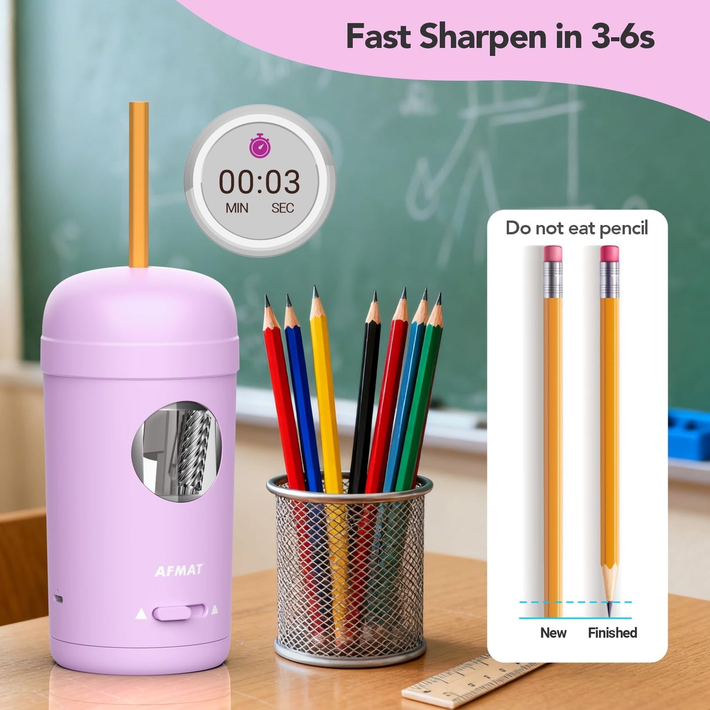 AFMAT PSX7 Electric Pencil Sharpener, Fully Automatic Pencil Sharpener for 7-8mm Pencils & Colored Pencils, Auto in & Out, Rechargeable Vertical Hands-Free Sharpeners for Classroom/Home/Office (Black)