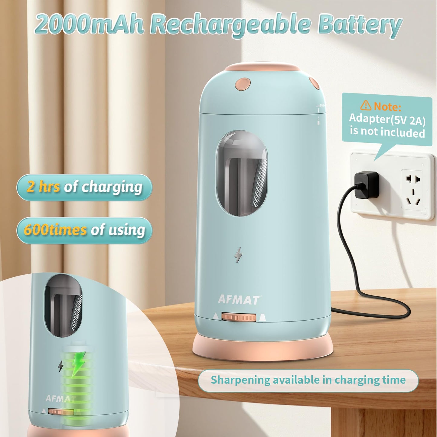 AFMAT Electric Pencil Sharpener, Auto in & Out, Fully Automatic Pencil Sharpener, Rechargeable Hands-Free Sharpeners for Jumbo & Colored Pencils (7-11.5mm), Good for Classroom/Home/Office,Model:PSC8(Off White)