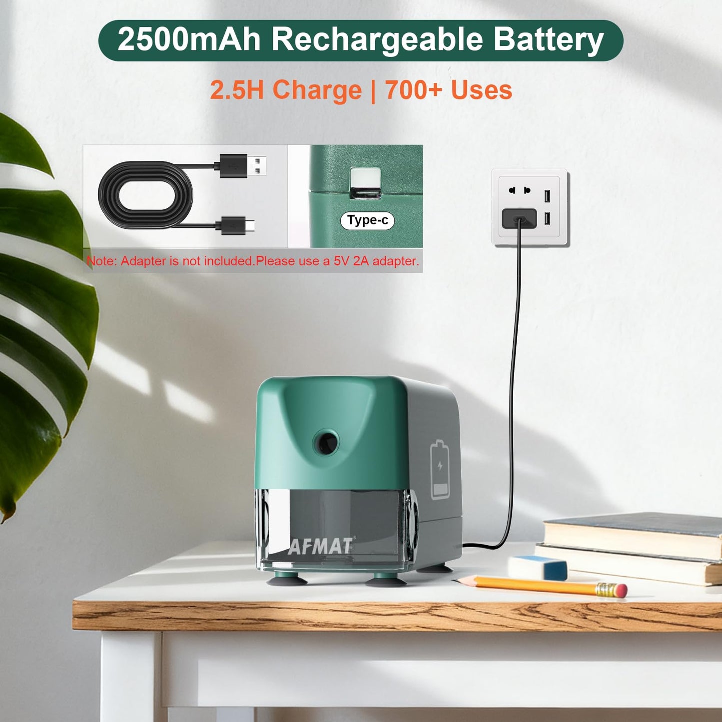 AFMAT PSD3 Electric Pencil Sharpener, Heavy Duty Classroom Pencil Sharpeners for 6-10.8mm Pencils, Auto Stop & Rechargeable, 2s Fast Sharpening, Battery Powered, 10,000 Sharpenings, Green