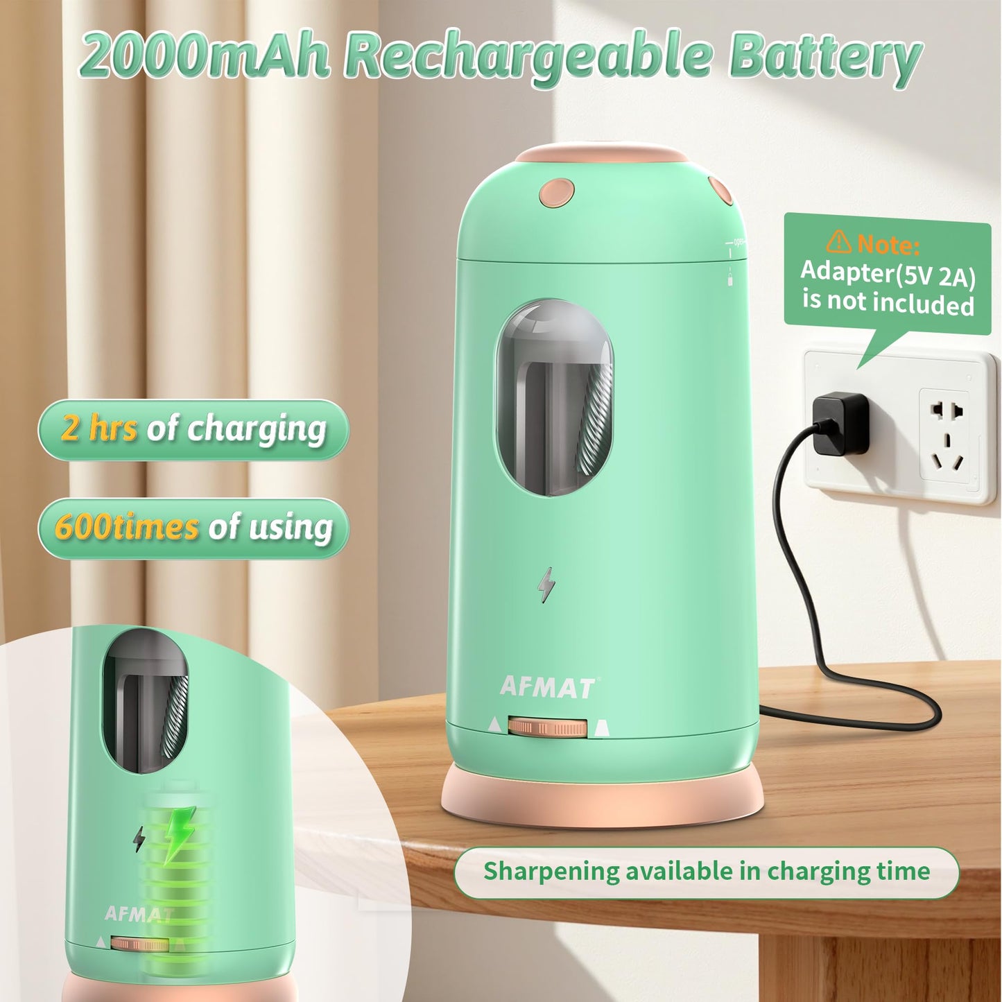 AFMAT Electric Pencil Sharpener, Auto in & Out, Fully Automatic Pencil Sharpener, Rechargeable Hands-Free Sharpeners for Jumbo & Colored Pencils (7-11.5mm), Good for Classroom/Home/Office,Model:PSC8(Off White)