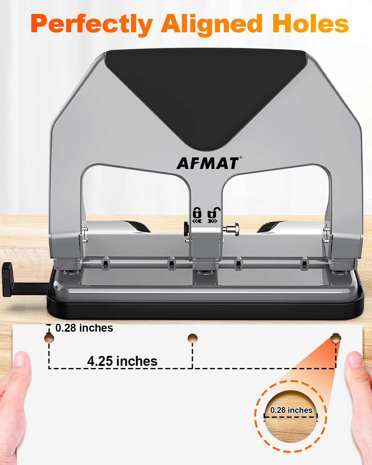 AFMAT HP20 Heavy Duty 3 Hole Punch, 60% Reduced Effort, 50-Sheet 3 Hole Puncher for Binder, 10,000+ Uses, Metal Three Hole Punch for Home Office School, w/Large Chip Tray, Paper Guide(Black)