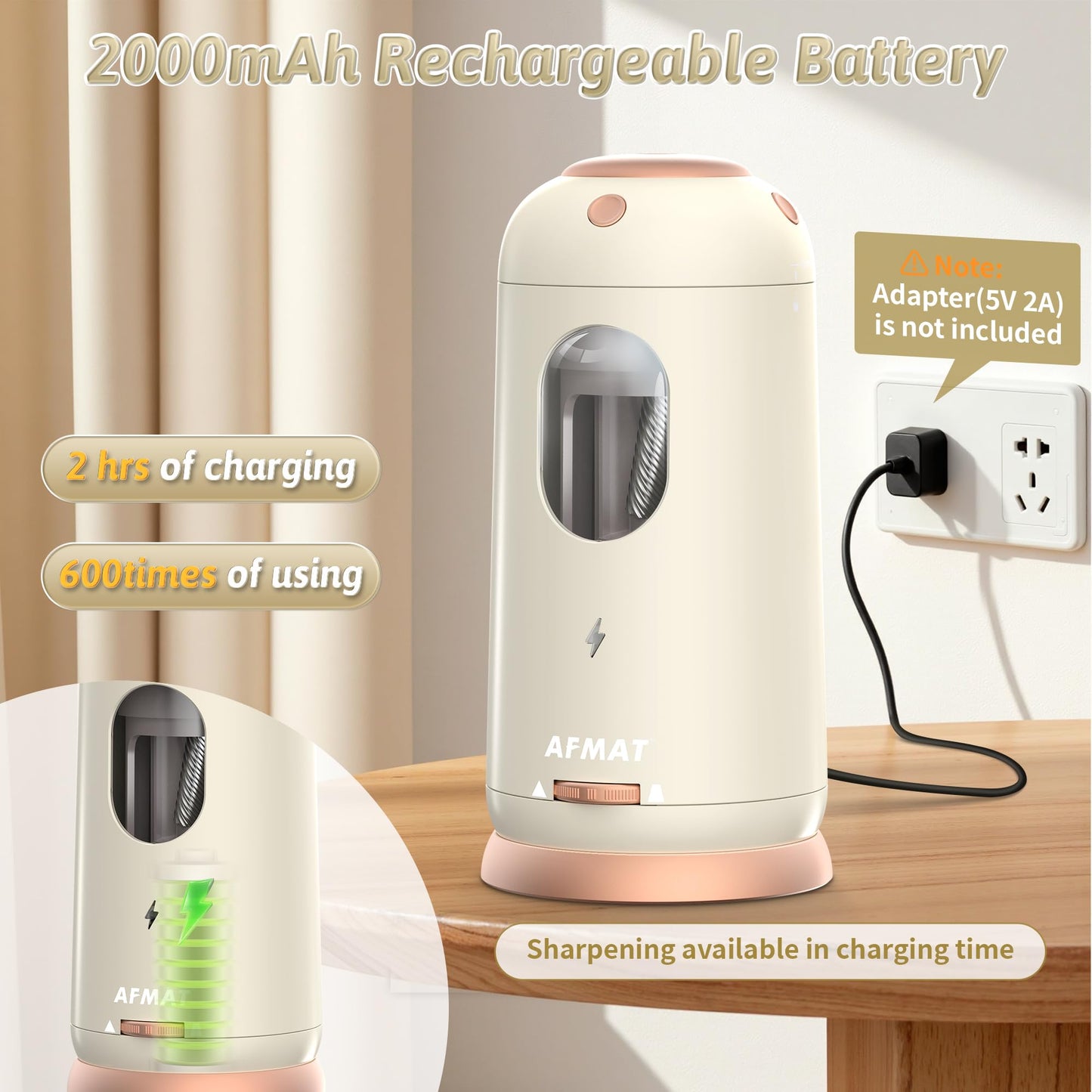 AFMAT Electric Pencil Sharpener, Auto in & Out, Fully Automatic Pencil Sharpener, Rechargeable Hands-Free Sharpeners for Jumbo & Colored Pencils (7-11.5mm), Good for Classroom/Home/Office,Model:PSC8(Off White)